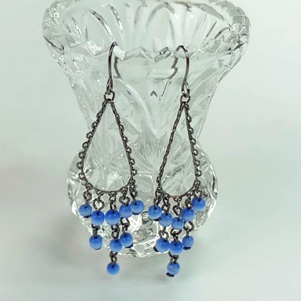 Vintage Teardrop Dangle Earrings Blue Stones Beads